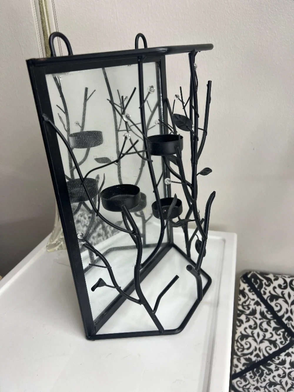 Tea Light Candle Holder w/Ghostly/Witch and House in the Forest Done on Mirror